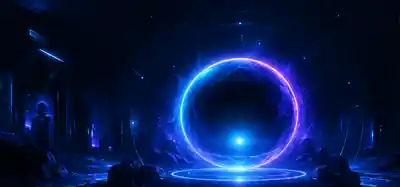 Futuristischer dunkler Raum mit leuchtendem blau-violettem Energiering aus der freigegebenen JARVIS-Designvorlage